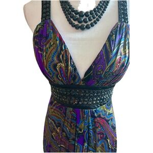 Vtg Y2k XOXO Babydoll‎ Maxi Long Dress SATIN Medium Beaded Straps Tie Paisley